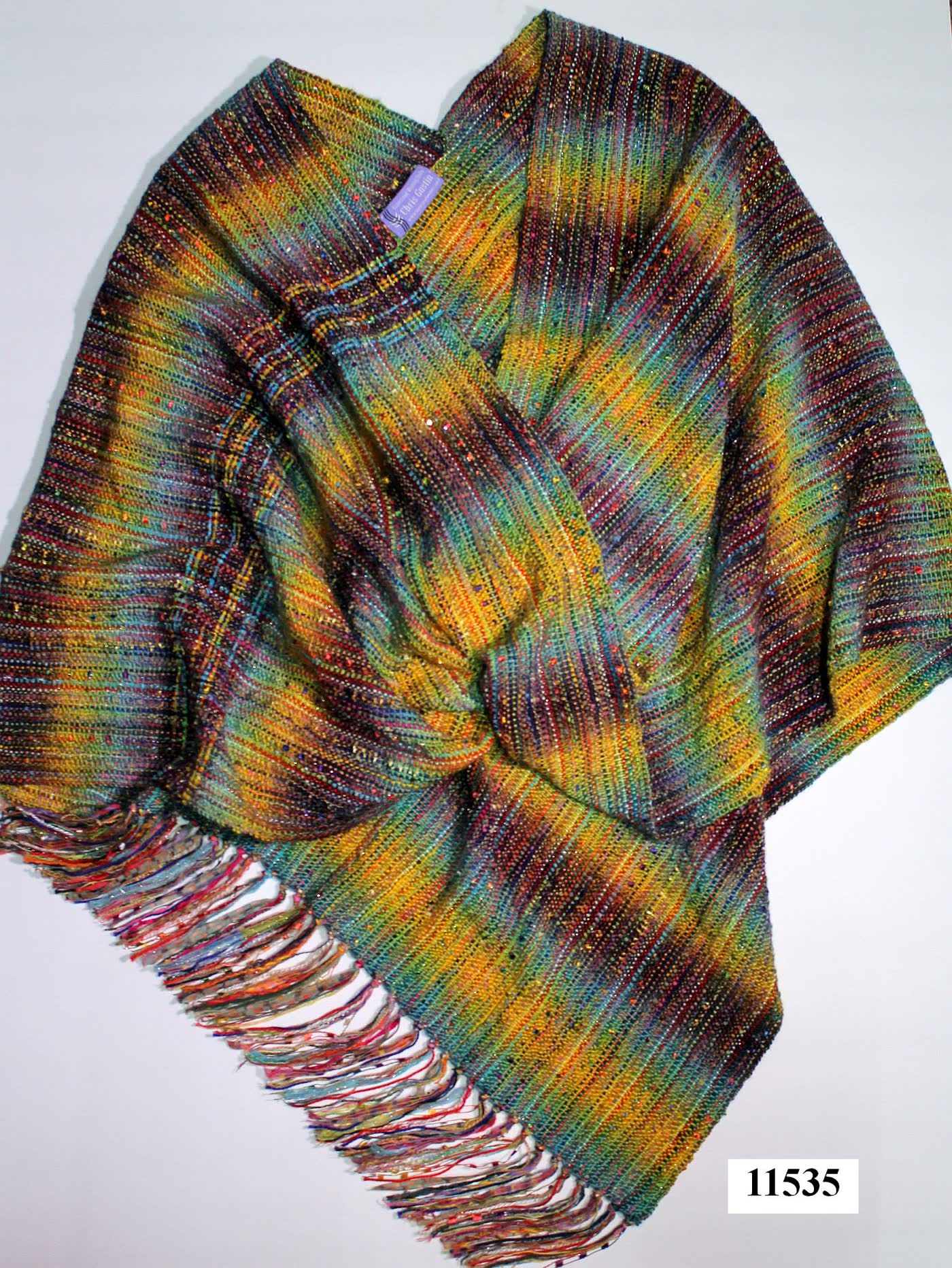 Hand-woven shawl in golds, greens and browns